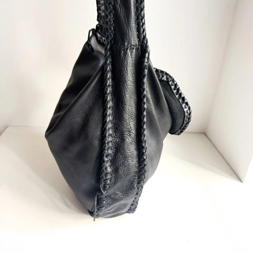 Vintage Black Leather Whipstitch Detail Slouchy Hobo Bag
